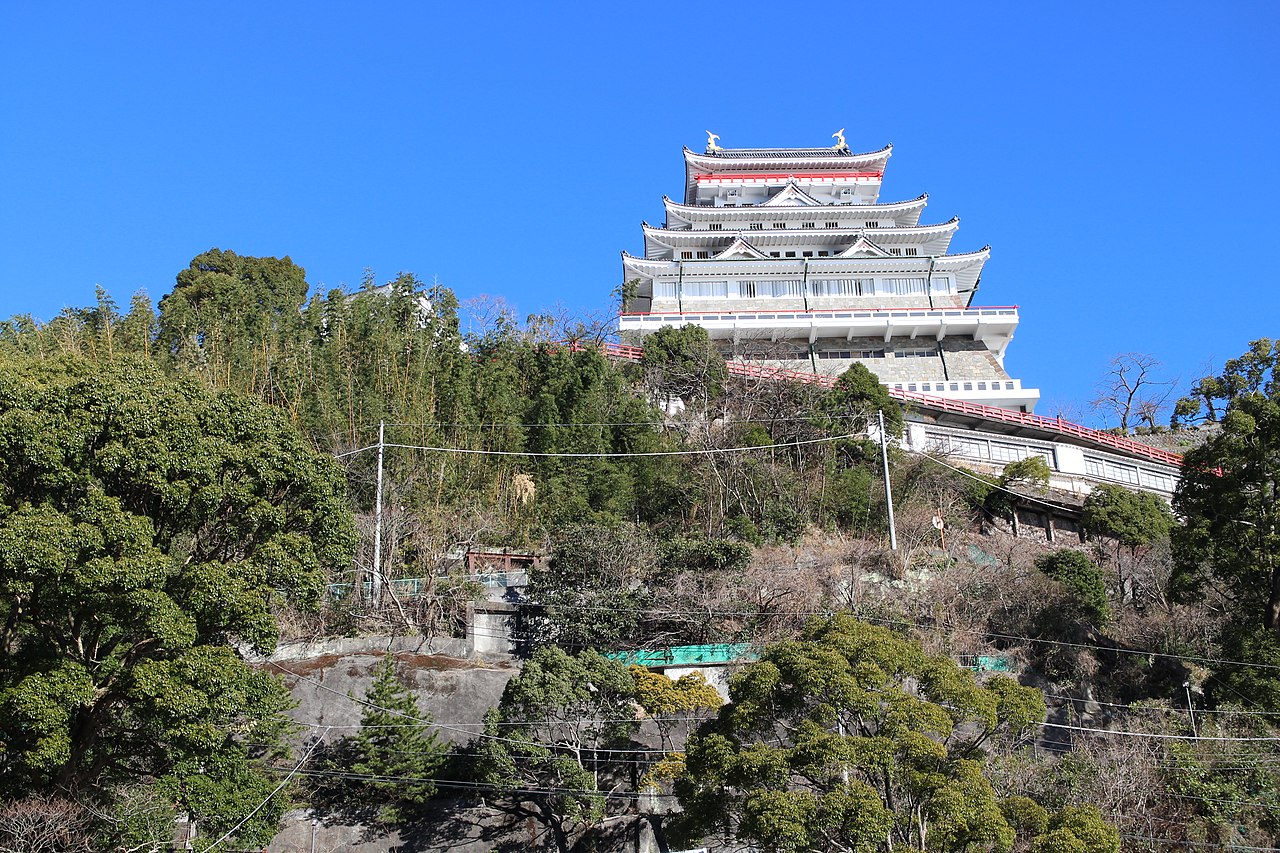 The hilltop keep of Atami Castle on a clear day