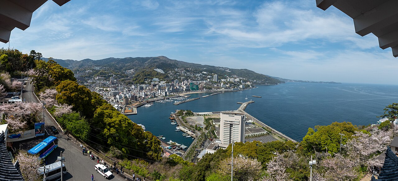 Panorama of Atami's townscape climbing the hillside around Sagami bay, seen from Atami Castle