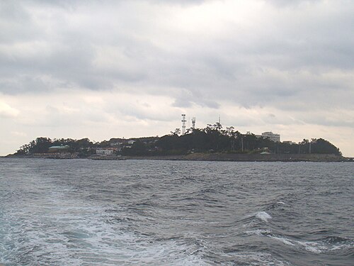 Hatsushima island seen from offshore on the ferry approach