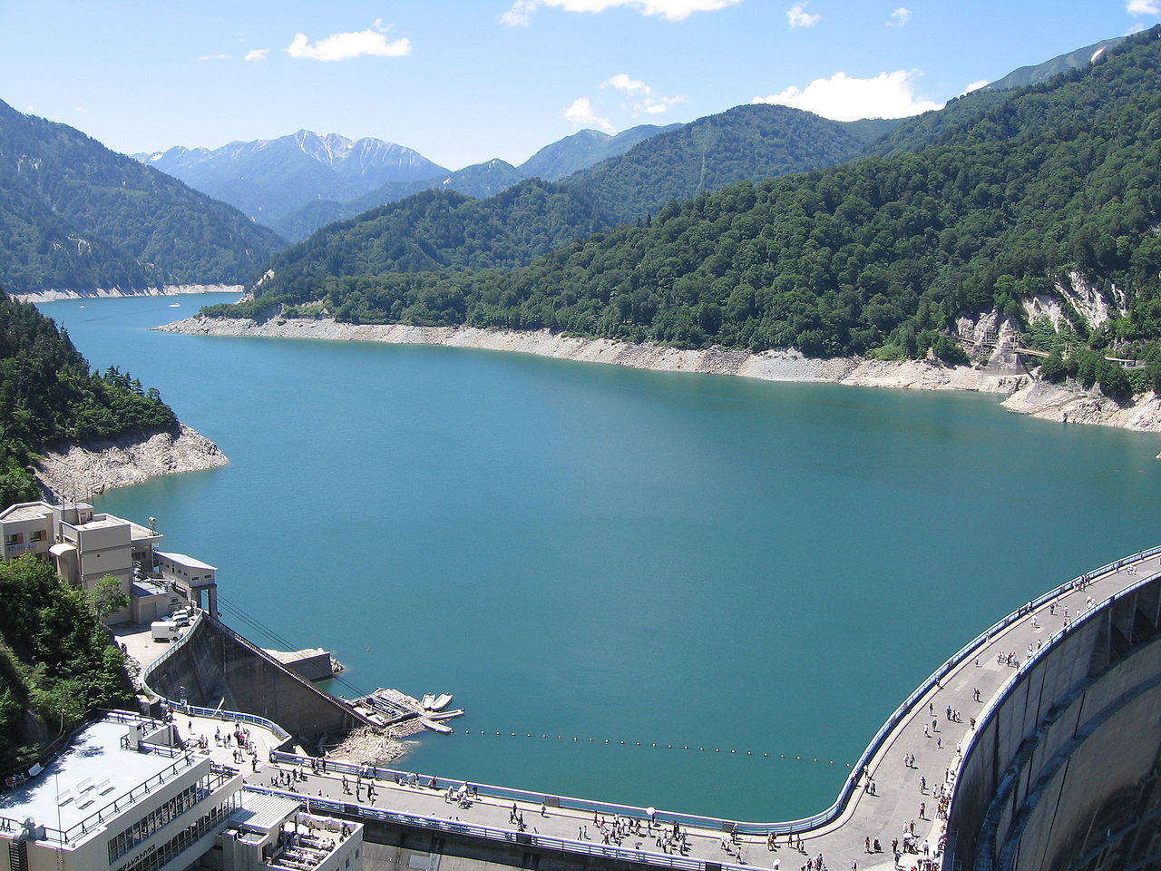 The emerald reservoir Lake Kurobe from the observation deck in summer