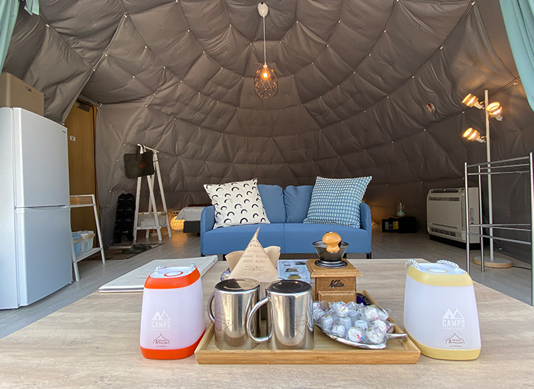A glamping dome interior at UFUFU Village