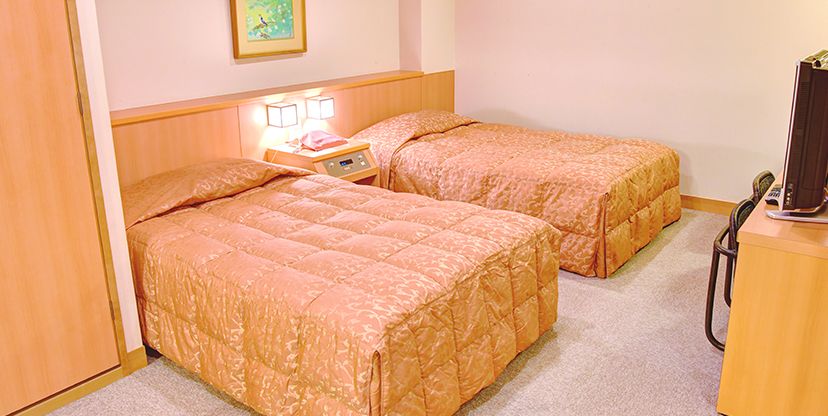 The bed side — two semi-double beds.